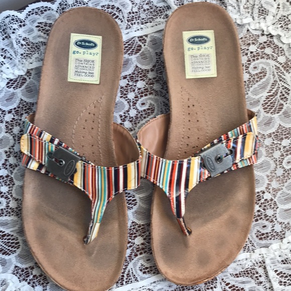 Dr. Scholl’s Retro Thong Sandals Striped Orthotic - Picture 1 of 11